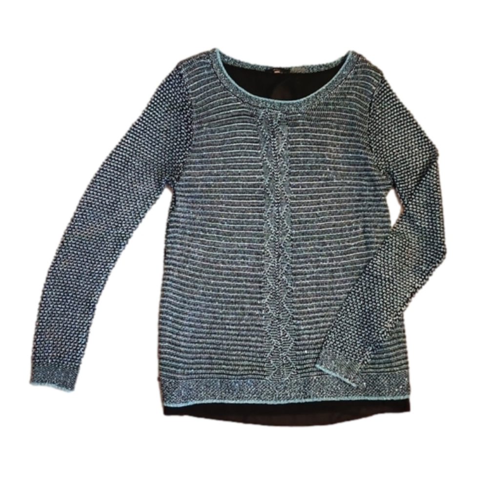 Milano blue and black top with sequins. Mesh arms. Excentric back. Size M